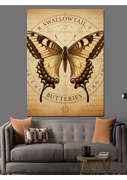 Kahverengi Kelebek Soyut Çizim Dekoratif Kanvas - Mdf Ahşap Tablo
