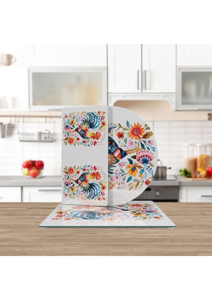 Cam Sunum Servis Tabağı 3'lü Karma Set Balkan Horoz Desenli