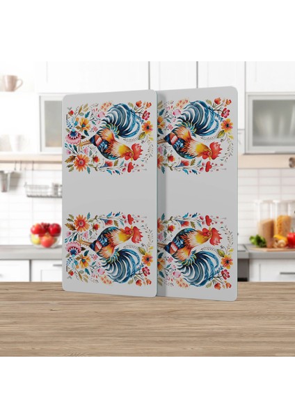 Cam Kahve Sofra Sunum Tablası 2'li Set Balkan Horoz Desenli 30 x 15 cm