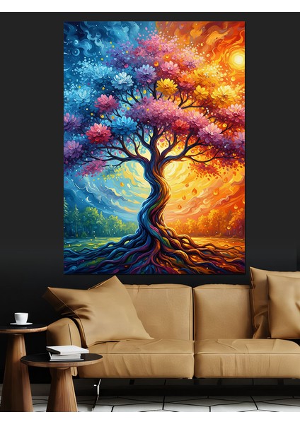 Renkli Hayat Ağacı Dalları Dekoratif Kanvas - Mdf Ahşap Tablo