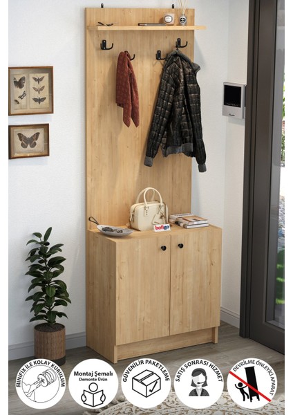 2 Kapaklı Portmanto Elbise Askılığı Vestiyer Ayakkabılık Askılık Güneş Safir Meşe