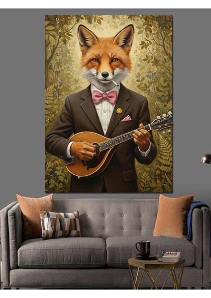 Tilki Ukulele Çalıyor Komik Dekoratif Kanvas - Mdf Ahşap Tablo