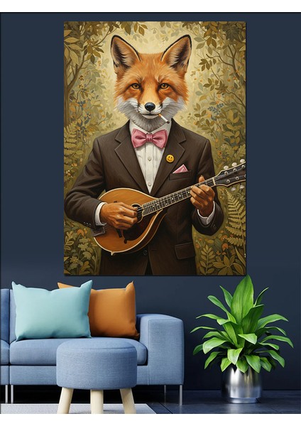 Tilki Ukulele Çalıyor Komik Dekoratif Kanvas - Mdf Ahşap Tablo fiyatları