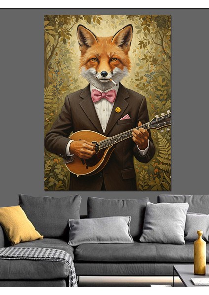 Tilki Ukulele Çalıyor Komik Dekoratif Kanvas - Mdf Ahşap Tablo indirimleri