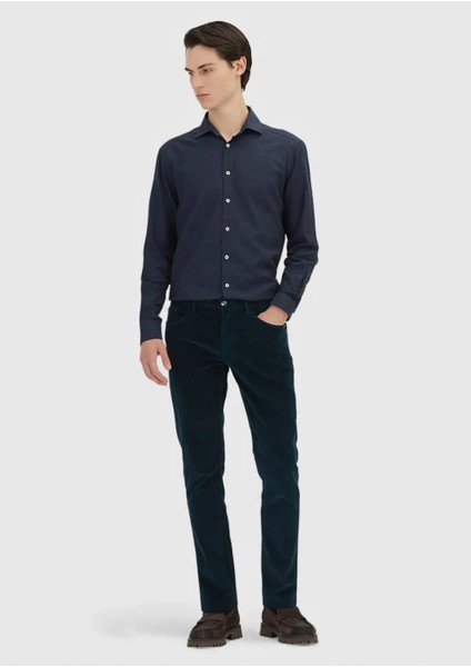 Petrol Düz Dokuma Slim Fit Kadife Casual Pamuk Karışımlı Pantolon