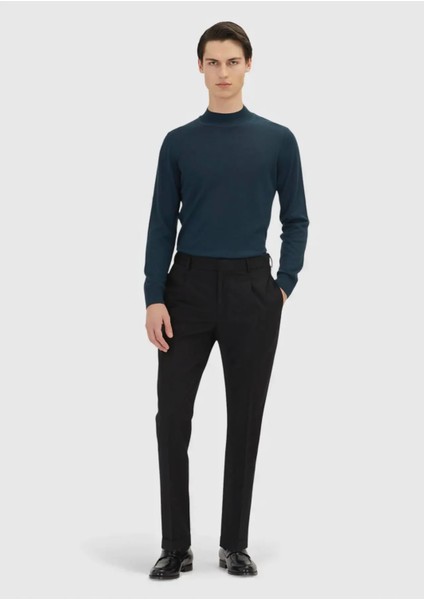 Siyah Dokuma Regular Fit Casual %100 Yün Pantolon