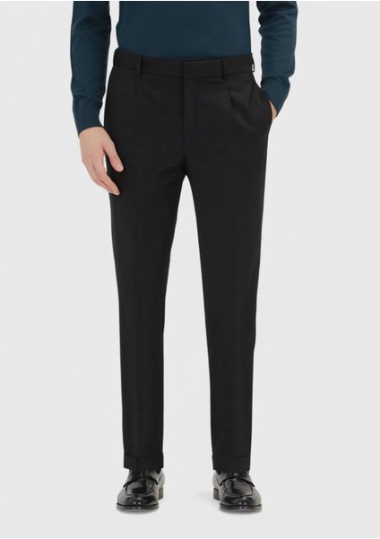 Siyah Dokuma Regular Fit Casual %100 Yün Pantolon fiyatları