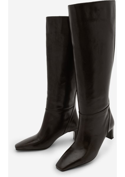 Kadın Küt Burun Fermuarsız Topuklu Çizme Doreka Kahve