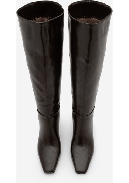 Kadın Küt Burun Fermuarsız Topuklu Çizme Doreka Kahve