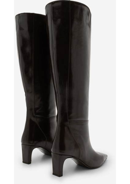 Kadın Küt Burun Fermuarsız Topuklu Çizme Doreka Kahve