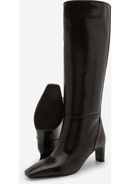 Kadın Küt Burun Fermuarsız Topuklu Çizme Doreka Kahve