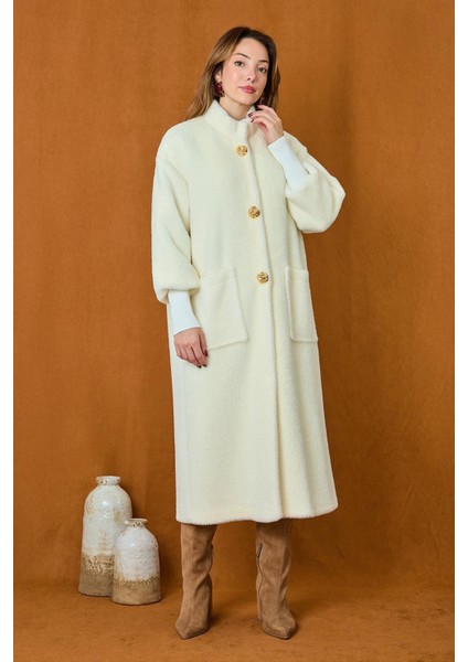 Broş Detaylı Angora Kaban Mont 15231 Ekru indirimleri
