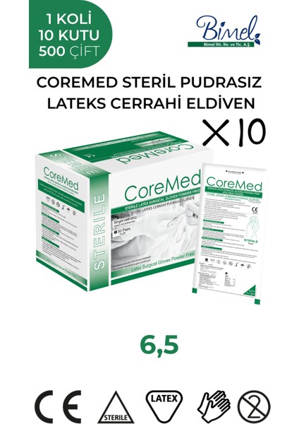 Steril Cerrahi Lateks Pudrasız Eldiven 6,5 Beden 1 Koli-10 PAKET-500 Çift