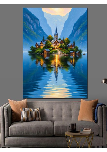 Göl Yansıması Doğa Manzarası ve Ada Dekoratif Kanvas - Mdf Ahşap Tablo
