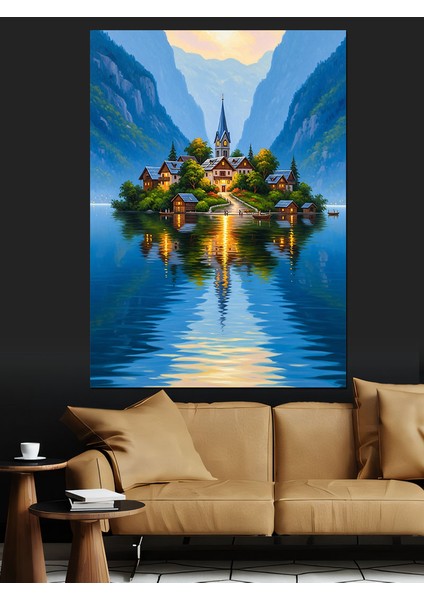 Göl Yansıması Doğa Manzarası ve Ada Dekoratif Kanvas - Mdf Ahşap Tablo modelleri