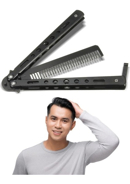 Kelebek Bıçak Tarak Siyah Katlanabilir Paslanmaz Çelik Kelebek Bıçak Tarak Sakal Bıyık Fırçası Profesyonel Saç Kesimi Için Tarak