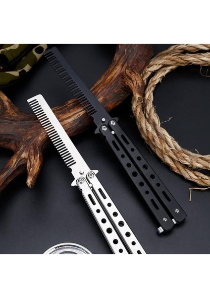 Kelebek Bıçak Tarak Siyah Katlanabilir Paslanmaz Çelik Kelebek Bıçak Tarak Sakal Bıyık Fırçası Profesyonel Saç Kesimi Için Tarak indirimleri