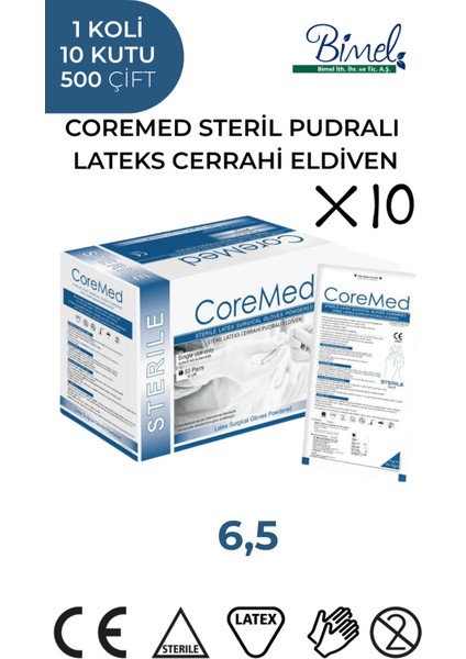 Steril Cerrahi Lateks Pudralı Eldiven 6,5 Beden 1 Koli-10 PAKET-500 Çift