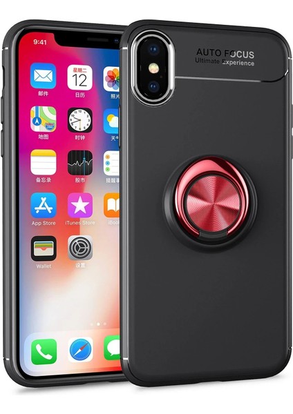 iPhone Xs Max Kılıf Range Yüzüklü Silikon - SIYAH-KIRMIZI-(5796) - ER001Y-549CF1