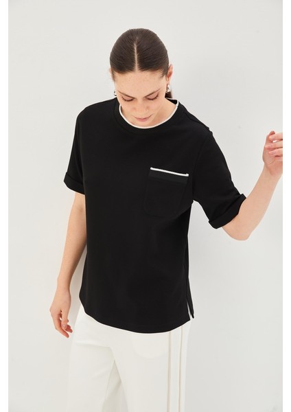 Ribana Detaylı Siyah Bisiklet Yaka Regular Örme Tişört