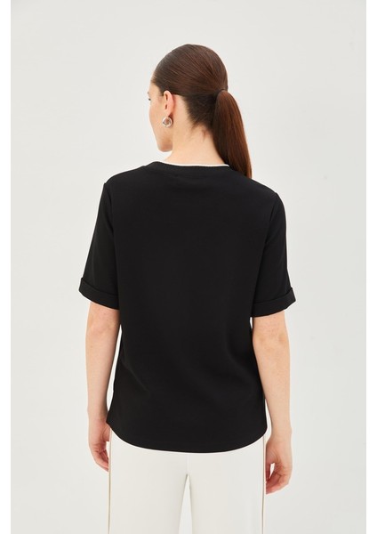 Ribana Detaylı Siyah Bisiklet Yaka Regular Örme Tişört modelleri