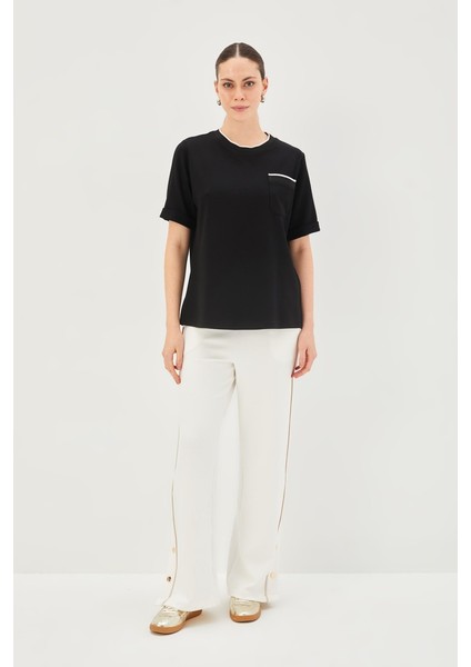 Ribana Detaylı Siyah Bisiklet Yaka Regular Örme Tişört fırsatları