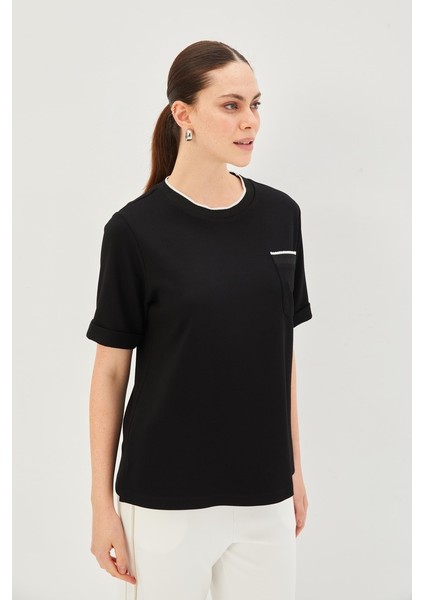 Ribana Detaylı Siyah Bisiklet Yaka Regular Örme Tişört indirimleri