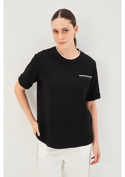 Ribana Detaylı Siyah Bisiklet Yaka Regular Örme Tişört