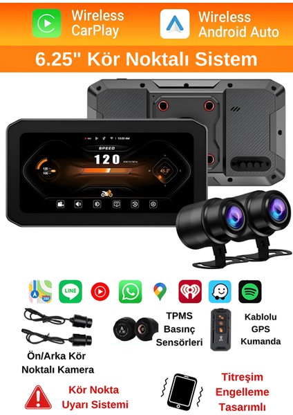 Kör Noktalı – 6.25'' Kör Nokta Uyarılı Lastik Basınç Sensörlü 2k Full Hd Motosiklet Çift Kayıt ve Navigasyon Sistemi