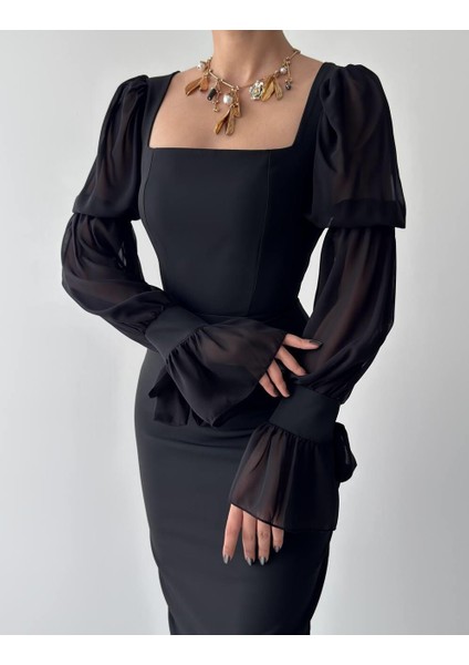 Kolları Tül Fırfır Detaylı Siyah Şık Elbise