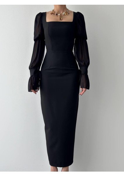Kolları Tül Fırfır Detaylı Siyah Şık Elbise fiyatları