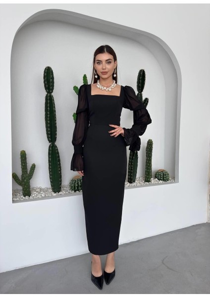 Kolları Tül Fırfır Detaylı Siyah Şık Elbise modelleri