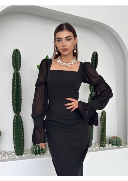 Kolları Tül Fırfır Detaylı Siyah Şık Elbise fırsatları