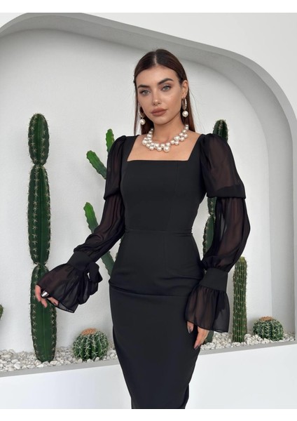 Kolları Tül Fırfır Detaylı Siyah Şık Elbise indirimleri