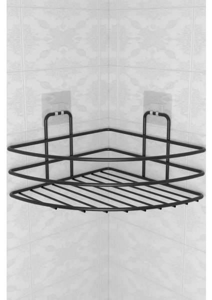 ® Kendiliğinden Yapışkanlı Montaj Gerektirmeyen Tek Katlı Banyo Askı Köşe Şampuanlık Siyah