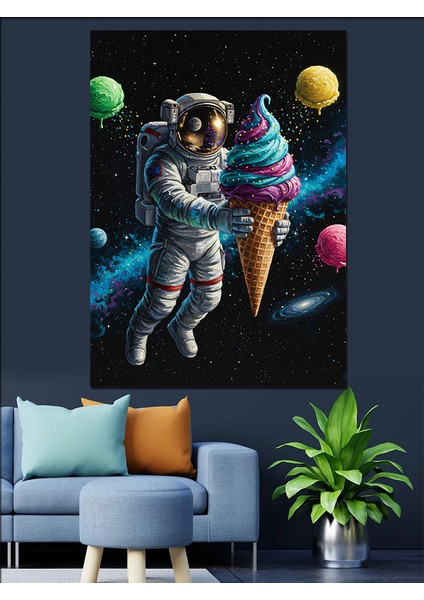 Dondurmalı Uzayda Eğlenceli Astronot Dekoratif Kanvas - Mdf Ahşap Tablo