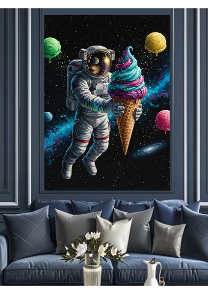 Dondurmalı Uzayda Eğlenceli Astronot Dekoratif Kanvas - Mdf Ahşap Tablo modelleri
