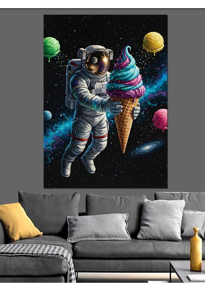 Dondurmalı Uzayda Eğlenceli Astronot Dekoratif Kanvas - Mdf Ahşap Tablo fırsatları