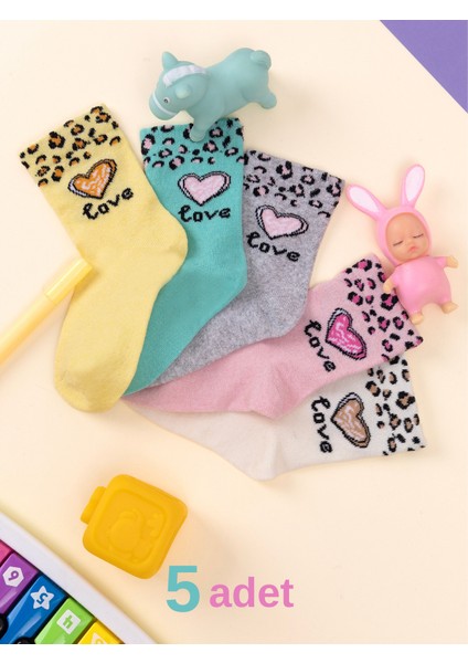 5 Çift Kalp & Leopar Desenli Bebek & Çocuk Çorabı Okul & Gündelik Çorap