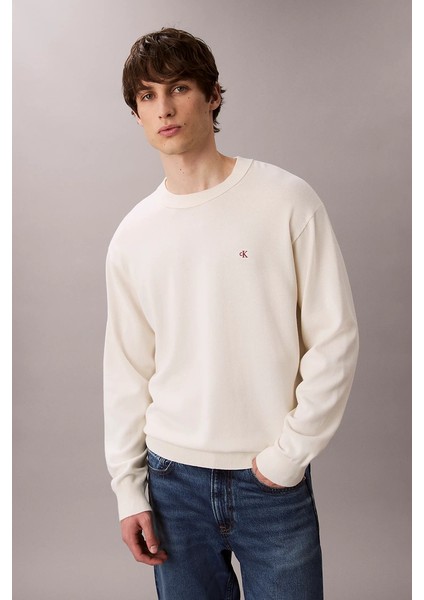 Uzun Kollu Rahat Pamuklu Bisiklet Yaka Erkek Beyaz Kazak LV04RC309G-YAS