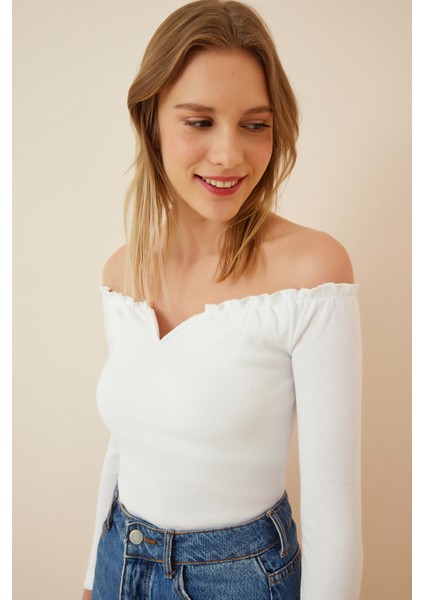 Büzgülü Yaka Crop Örme Bluz Gt LAH0002 Beyaz fiyatları