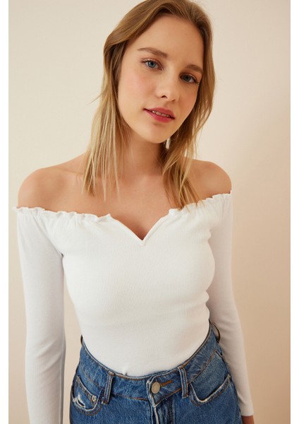 Büzgülü Yaka Crop Örme Bluz Gt LAH0002 Beyaz modelleri