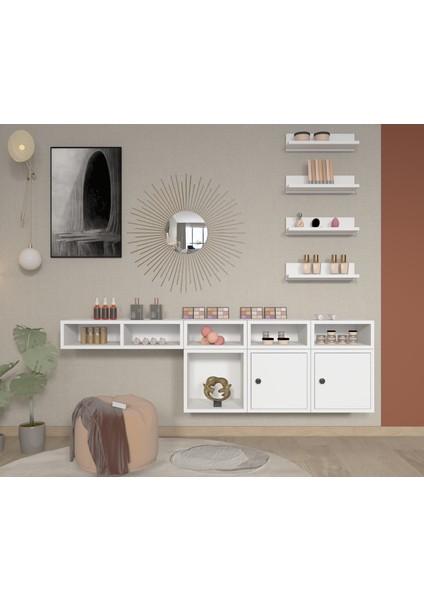 Modüler Duvar Tipi Makyaj Masası Raf Seti 3 Adet Raf, Kapaklı Vitrin Gözü – BEYAZ-NRG-MKJ-1004