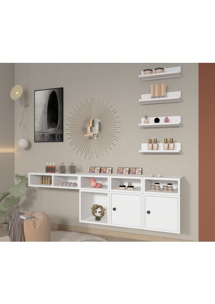 Modüler Duvar Tipi Makyaj Masası Raf Seti 3 Adet Raf, Kapaklı Vitrin Gözü – BEYAZ-NRG-MKJ-1004 fiyatları