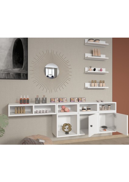 Modüler Duvar Tipi Makyaj Masası Raf Seti 3 Adet Raf, Kapaklı Vitrin Gözü – BEYAZ-NRG-MKJ-1004 modelleri