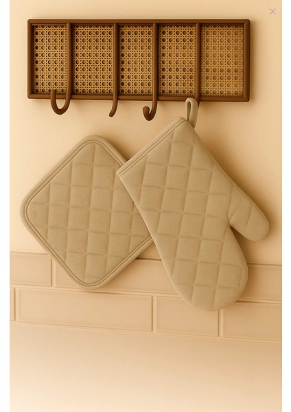 2 Li Isıya Dayanıklı Fırın Eldiveni ve Tutacak Seti Mutfak Eldiveni Seti Bej Renk