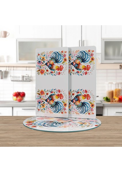 Cam Sunum Servis Tabağı 3'lü Yuvarlak Set Balkan Horoz Desenli