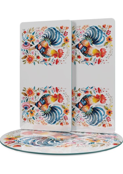 Cam Sunum Servis Tabağı 3'lü Yuvarlak Set Balkan Horoz Desenli