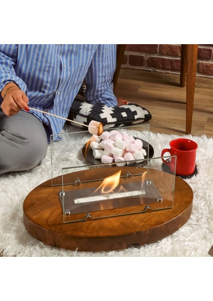 Ceviz Lux Şömine Masaüstü Dekoratif Şömine Bioethanol Mega Oval