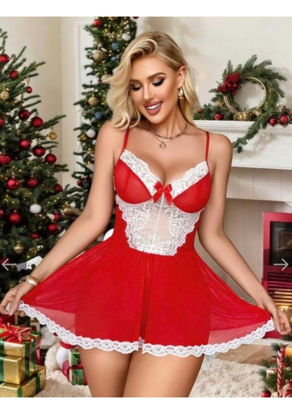 Yılbaşı Temalı Dantel Detaylı Kırmızı Şık Gecelik – Yeni Sezon